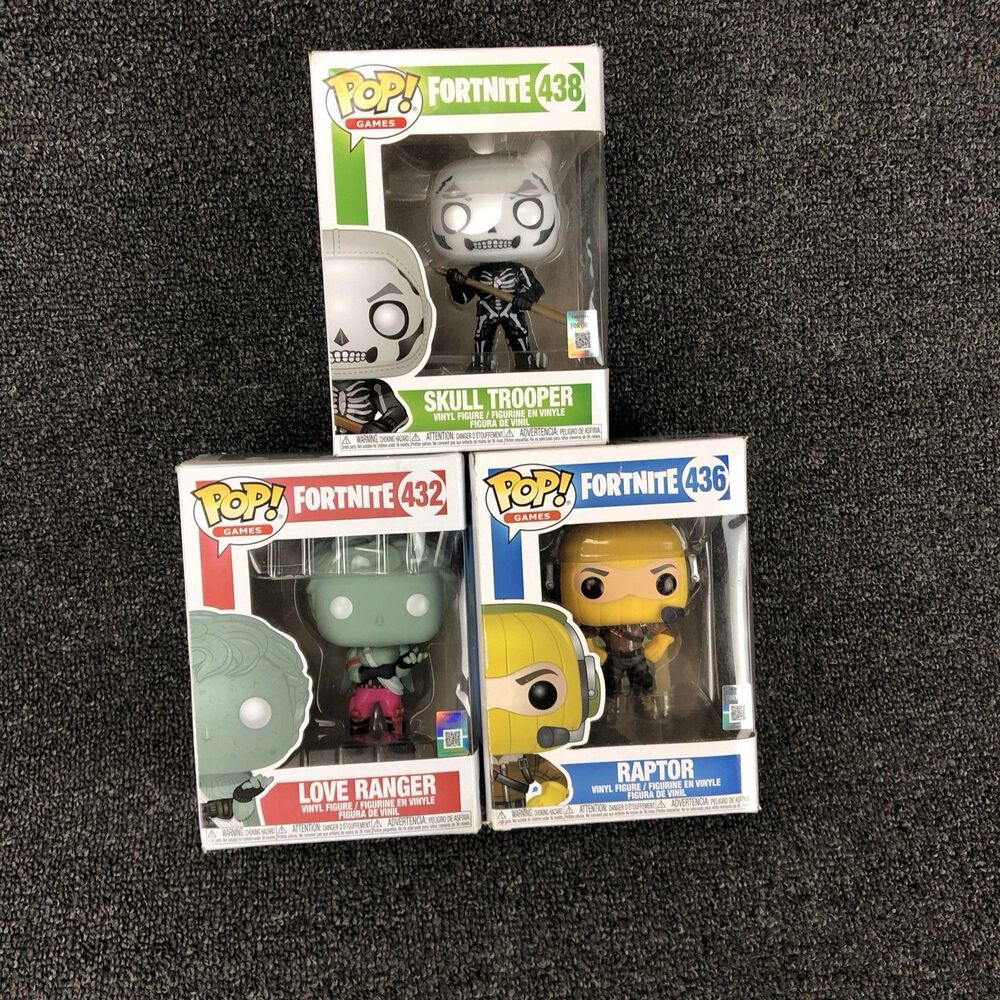 Lot Of 3 Fortnite Funko Pops Raptor, Skull Trooper And Love Ranger